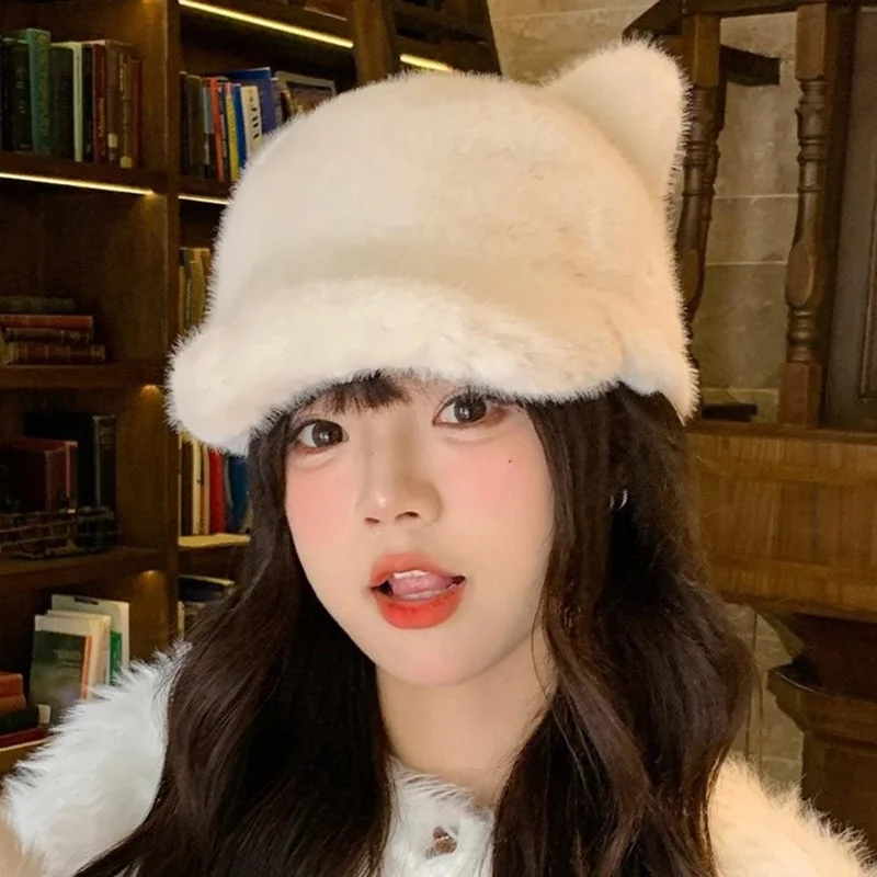 Süße 3D Bären Ohren Baseball Kappe mit Schwanz für Frauen Einfarbig Winter Plüsch Thermal Mütze - Beige