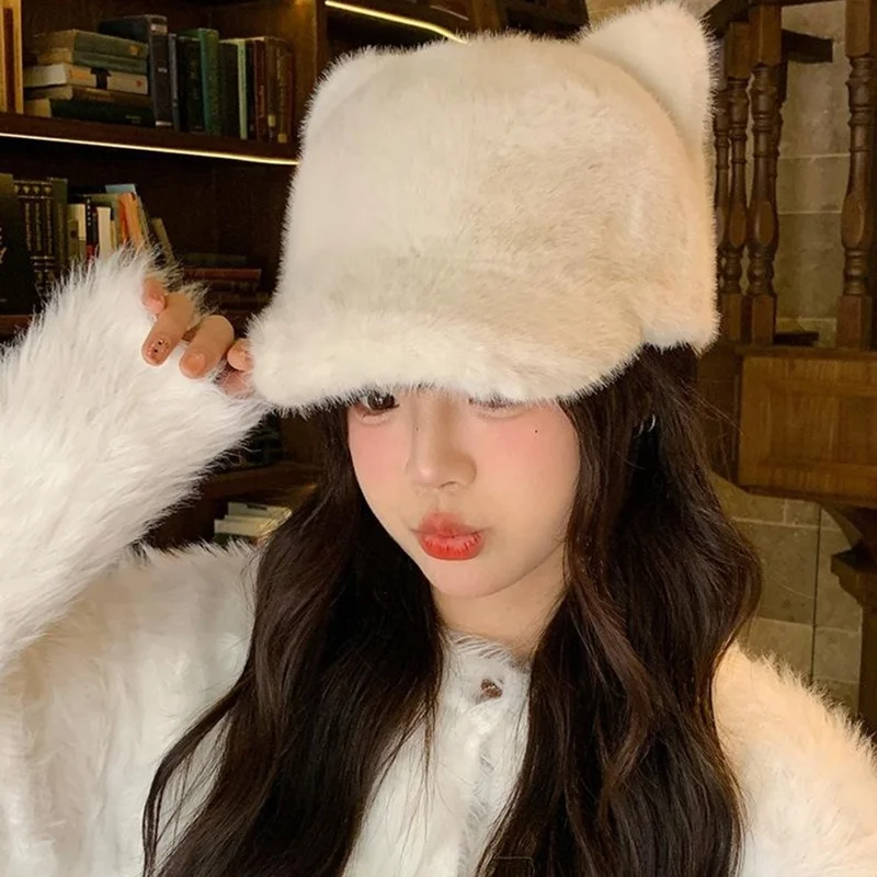 Süße 3D Bären Ohren Baseball Kappe mit Schwanz für Frauen Einfarbig Winter Plüsch Thermal Mütze - Beige