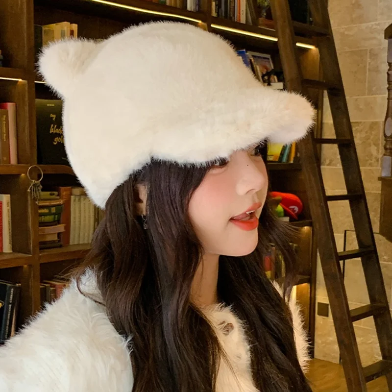 Süße 3D Bären Ohren Baseball Kappe mit Schwanz für Frauen Einfarbig Winter Plüsch Thermal Mütze - Beige