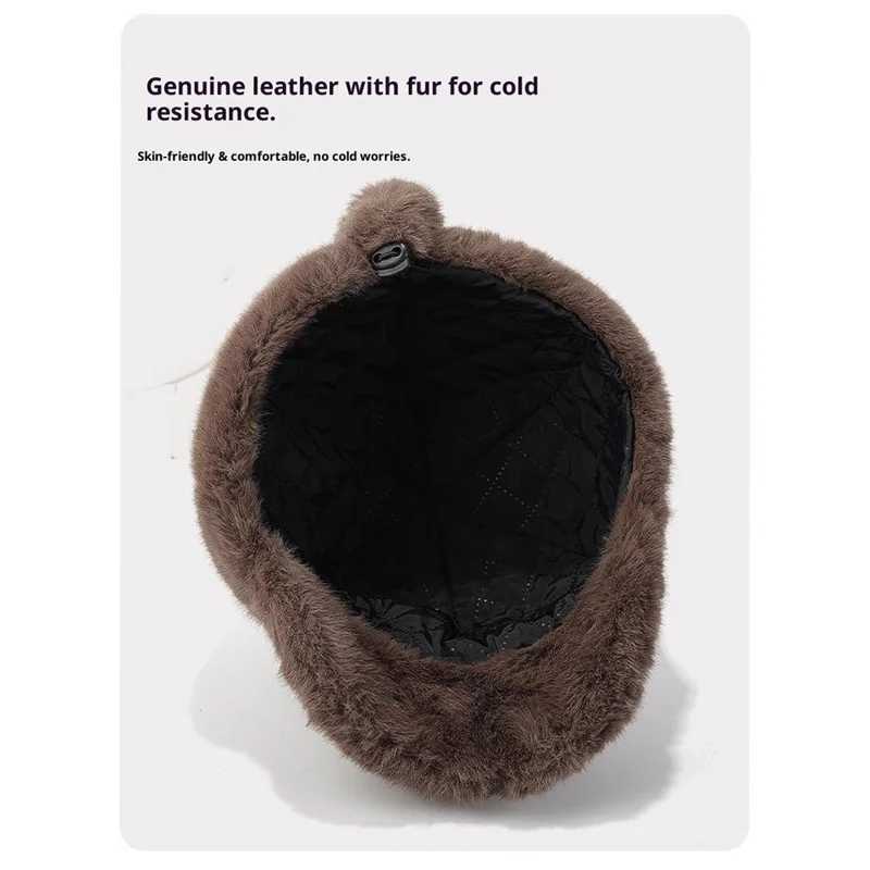 Süße 3D Bären Ohren Baseball Kappe mit Schwanz für Frauen Einfarbig Winter Plüsch Thermal Mütze - Beige