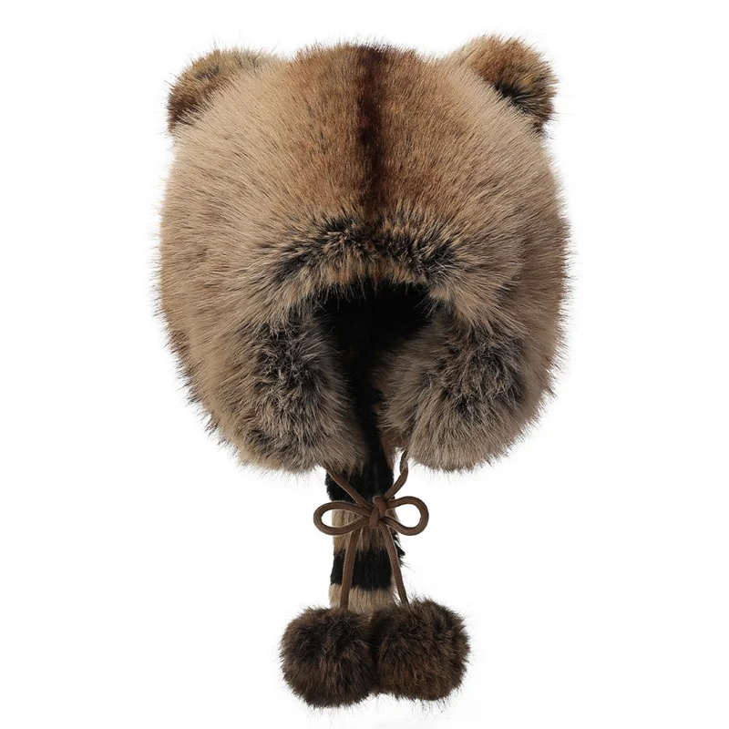 Gorro Bombardero de Orejeras 3D de Invierno con Imitación de Piel de Zorro, Protector contra el Viento, Cola de Mapache, Estilo Ruso con Pompón y Correa de Amarre
