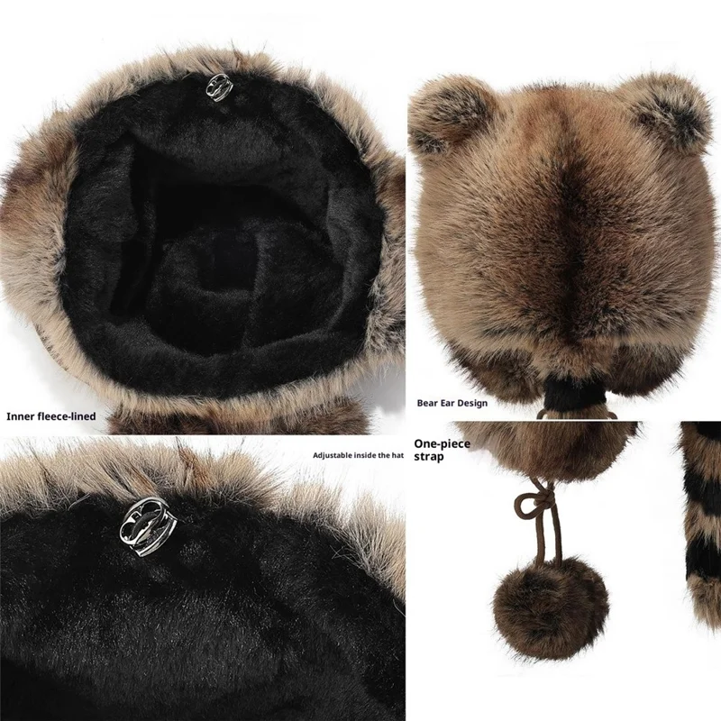 Gorro Bombardero de Orejeras 3D de Invierno con Imitación de Piel de Zorro, Protector contra el Viento, Cola de Mapache, Estilo Ruso con Pompón y Correa de Amarre