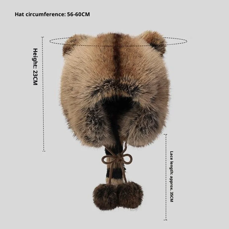 Gorro Bombardero de Orejeras 3D de Invierno con Imitación de Piel de Zorro, Protector contra el Viento, Cola de Mapache, Estilo Ruso con Pompón y Correa de Amarre