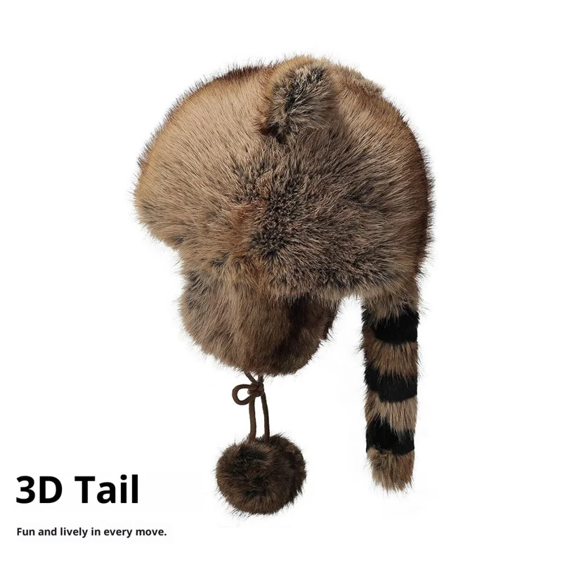 Gorro Bombardero de Orejeras 3D de Invierno con Imitación de Piel de Zorro, Protector contra el Viento, Cola de Mapache, Estilo Ruso con Pompón y Correa de Amarre