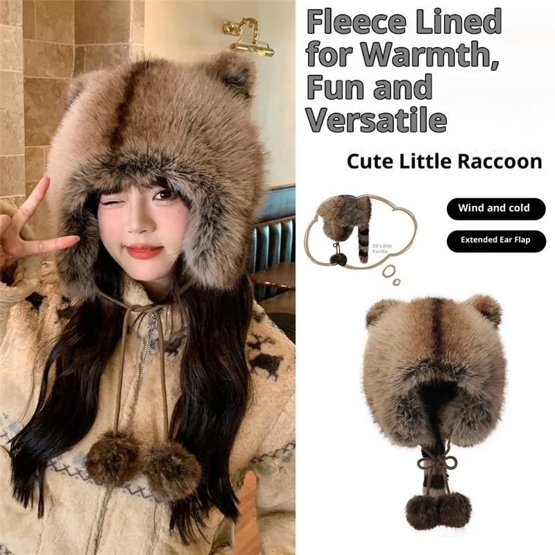 Gorro Bombardero de Orejeras 3D de Invierno con Imitación de Piel de Zorro, Protector contra el Viento, Cola de Mapache, Estilo Ruso con Pompón y Correa de Amarre