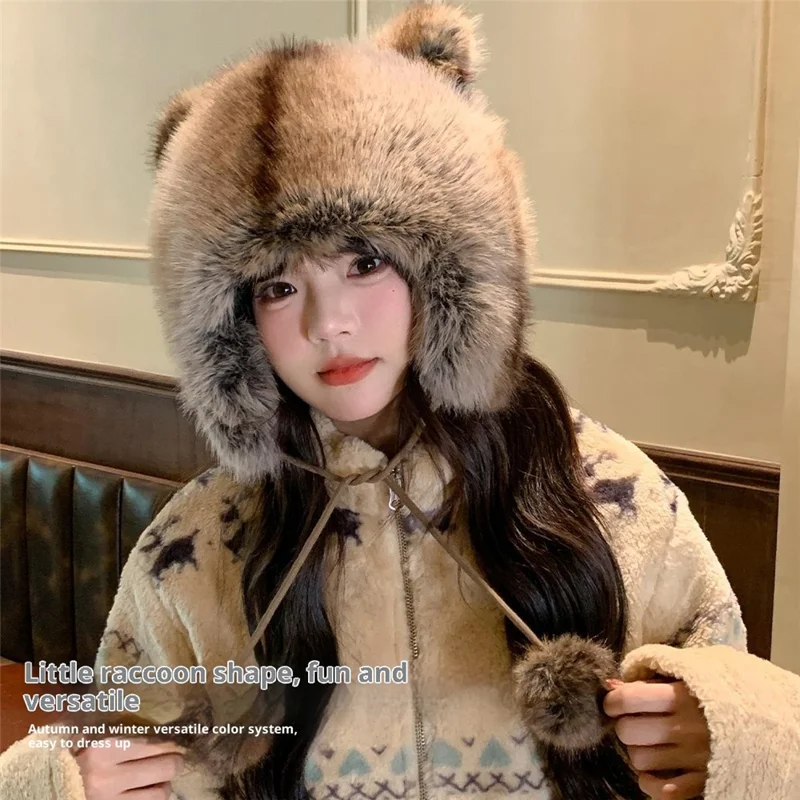 Gorro Bombardero de Orejeras 3D de Invierno con Imitación de Piel de Zorro, Protector contra el Viento, Cola de Mapache, Estilo Ruso con Pompón y Correa de Amarre