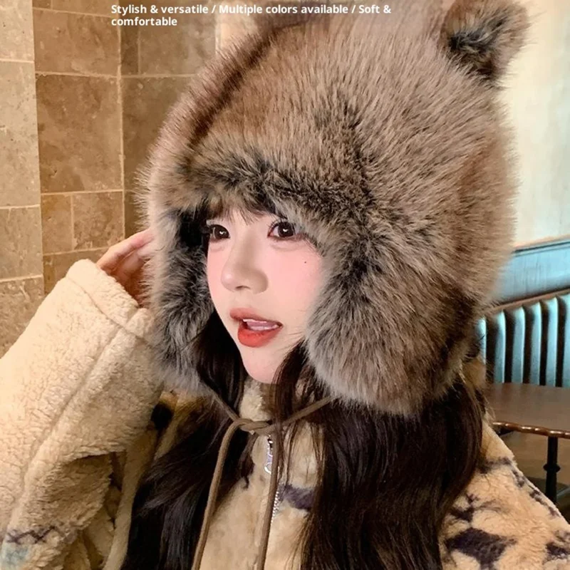 Gorro Bombardero de Orejeras 3D de Invierno con Imitación de Piel de Zorro, Protector contra el Viento, Cola de Mapache, Estilo Ruso con Pompón y Correa de Amarre