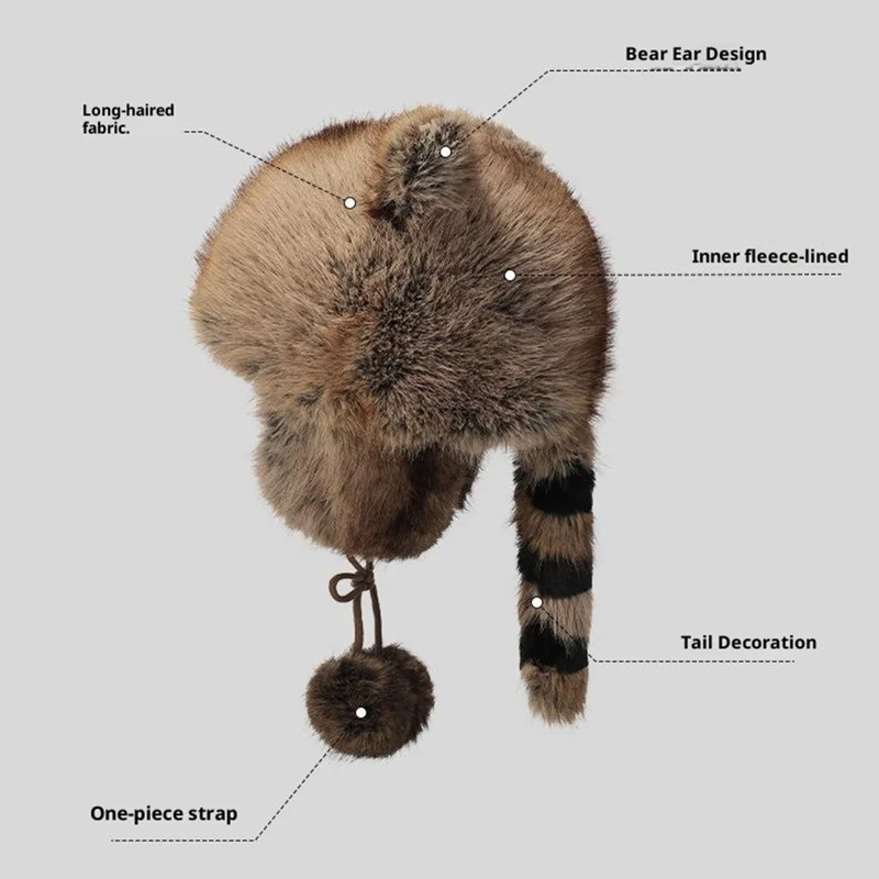 Gorro Bombardero de Orejeras 3D de Invierno con Imitación de Piel de Zorro, Protector contra el Viento, Cola de Mapache, Estilo Ruso con Pompón y Correa de Amarre