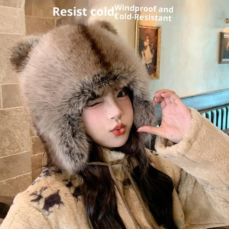 Gorro Bombardero de Orejeras 3D de Invierno con Imitación de Piel de Zorro, Protector contra el Viento, Cola de Mapache, Estilo Ruso con Pompón y Correa de Amarre