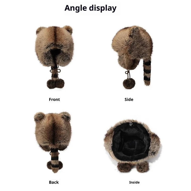 Gorro Bombardero de Orejeras 3D de Invierno con Imitación de Piel de Zorro, Protector contra el Viento, Cola de Mapache, Estilo Ruso con Pompón y Correa de Amarre