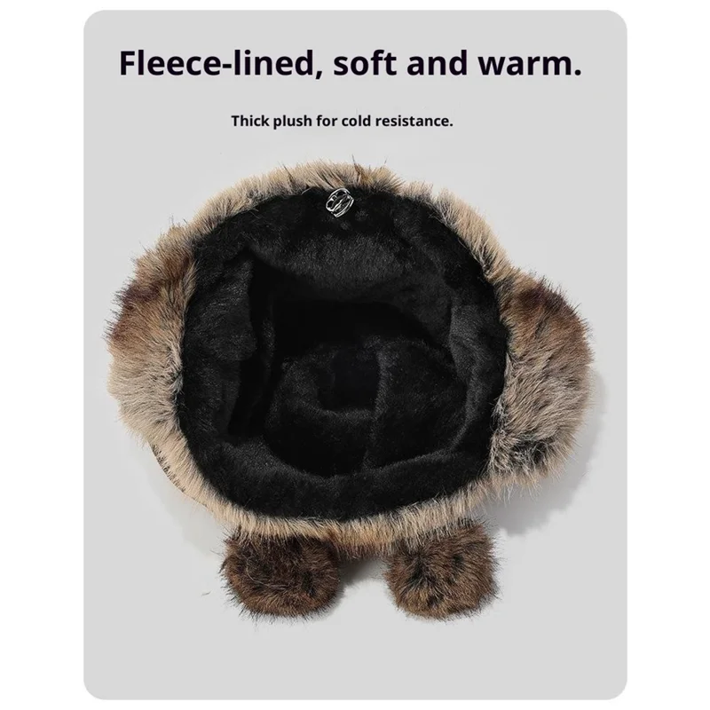 Gorro Bombardero de Orejeras 3D de Invierno con Imitación de Piel de Zorro, Protector contra el Viento, Cola de Mapache, Estilo Ruso con Pompón y Correa de Amarre