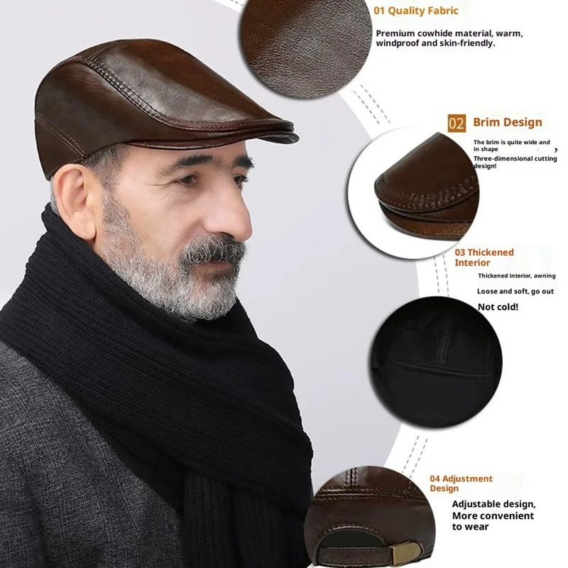Autumn Winter Beret Hat for Men Genuine Leather Windproof Peaked Cap Fashion Driver Hat - Light Brown