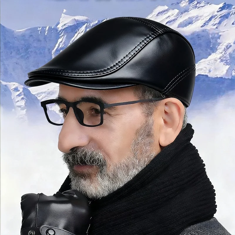Autumn Winter Beret Hat for Men Genuine Leather Windproof Peaked Cap Fashion Driver Hat - Light Brown