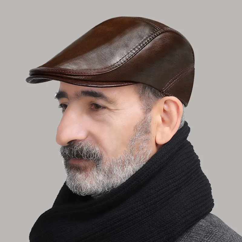 Autumn Winter Beret Hat for Men Genuine Leather Windproof Peaked Cap Fashion Driver Hat - Light Brown