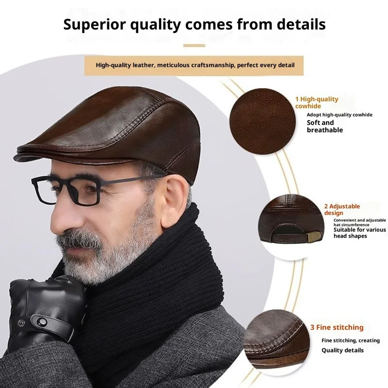 Autumn Winter Beret Hat for Men Genuine Leather Windproof Peaked Cap Fashion Driver Hat - Light Brown