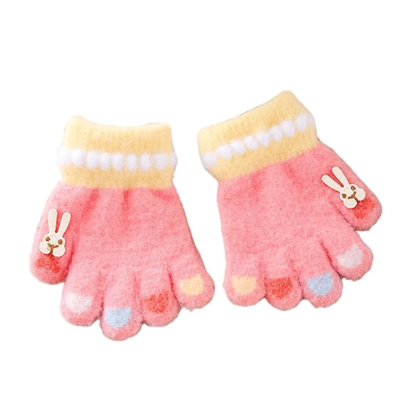 C5574 1 Pair Cartoon Rabbit Pattern Winter Warm Gloves for Kids Elastic Cuff Full Finger Mittens - Pink