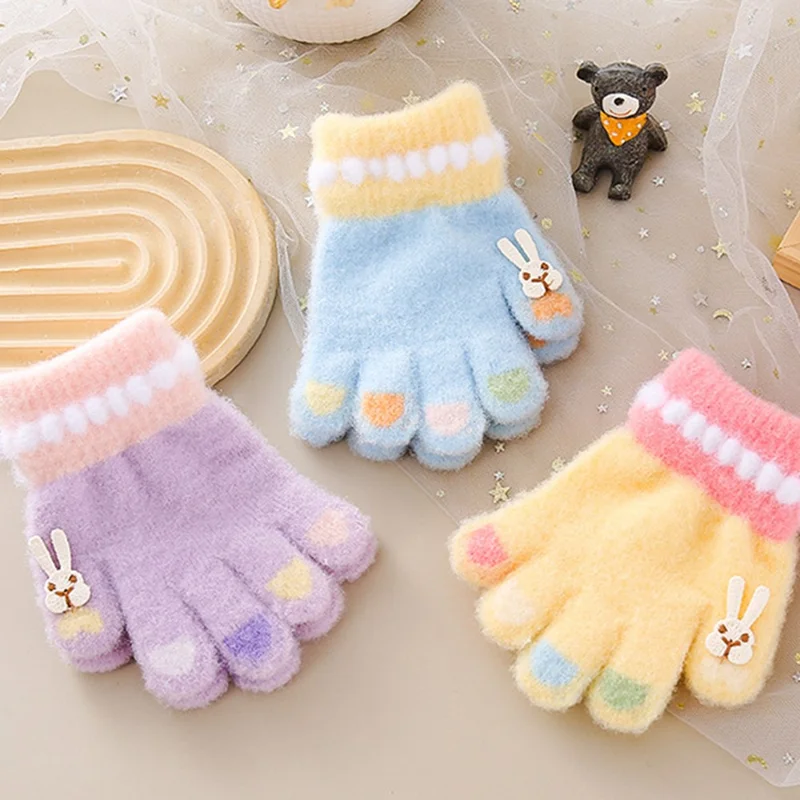 C5574 1 Pair Cartoon Rabbit Pattern Winter Warm Gloves for Kids Elastic Cuff Full Finger Mittens - Pink