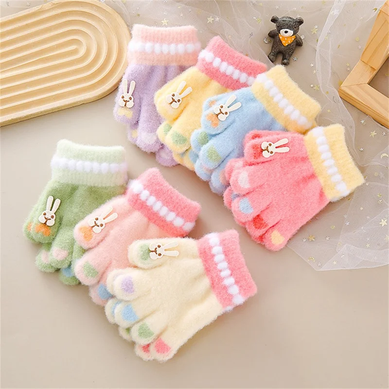 C5574 1 Pair Cartoon Rabbit Pattern Winter Warm Gloves for Kids Elastic Cuff Full Finger Mittens - Pink