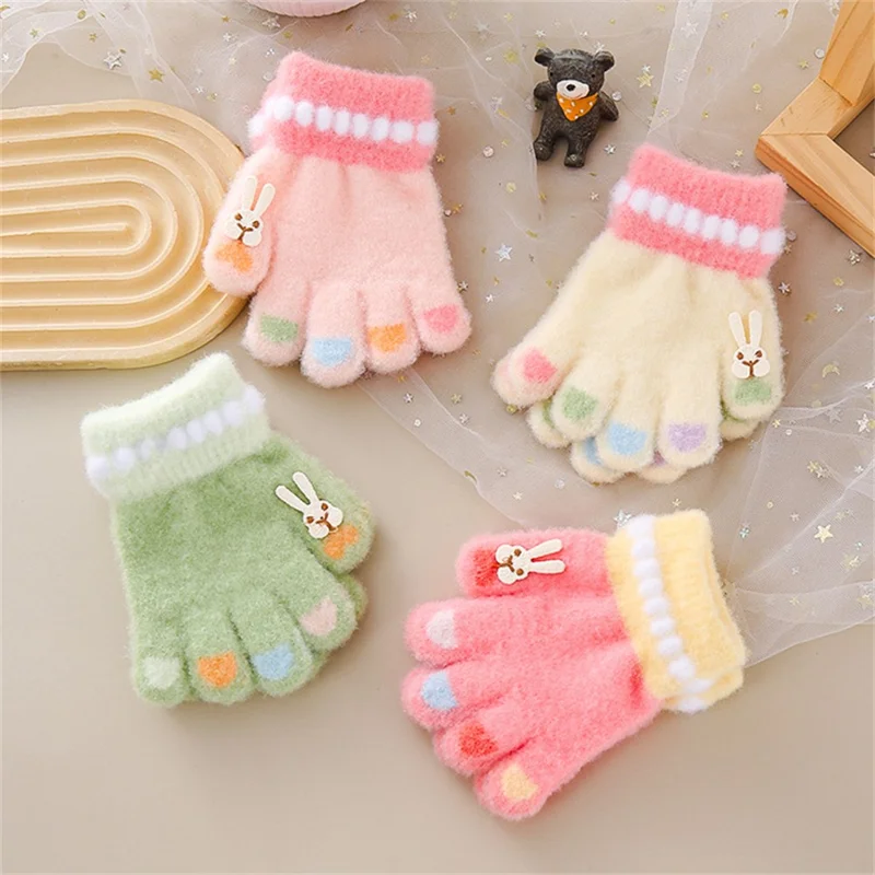 C5574 1 Pair Cartoon Rabbit Pattern Winter Warm Gloves for Kids Elastic Cuff Full Finger Mittens - Pink
