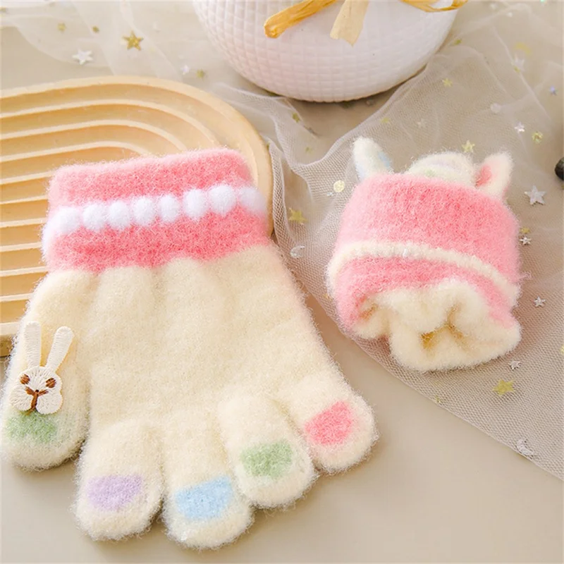 C5574 1 Pair Cartoon Rabbit Pattern Winter Warm Gloves for Kids Elastic Cuff Full Finger Mittens - Pink