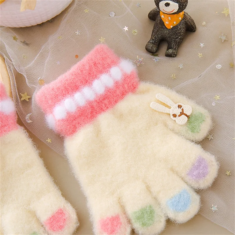 C5574 1 Pair Cartoon Rabbit Pattern Winter Warm Gloves for Kids Elastic Cuff Full Finger Mittens - Pink