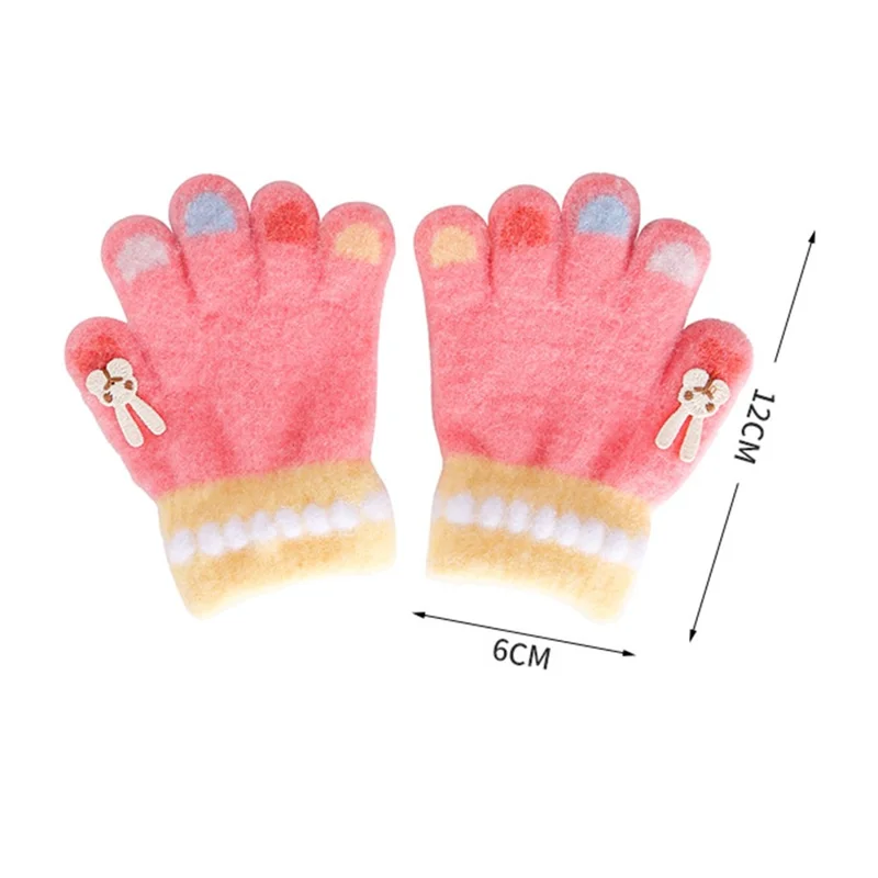 C5574 1 Pair Cartoon Rabbit Pattern Winter Warm Gloves for Kids Elastic Cuff Full Finger Mittens - Pink