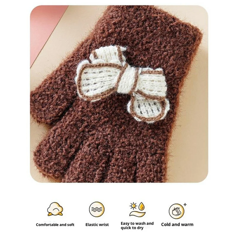 C5577 For Children Winter Gloves with Decorative Bowknot Windproof Thick Full Finger Mittens - Coffee