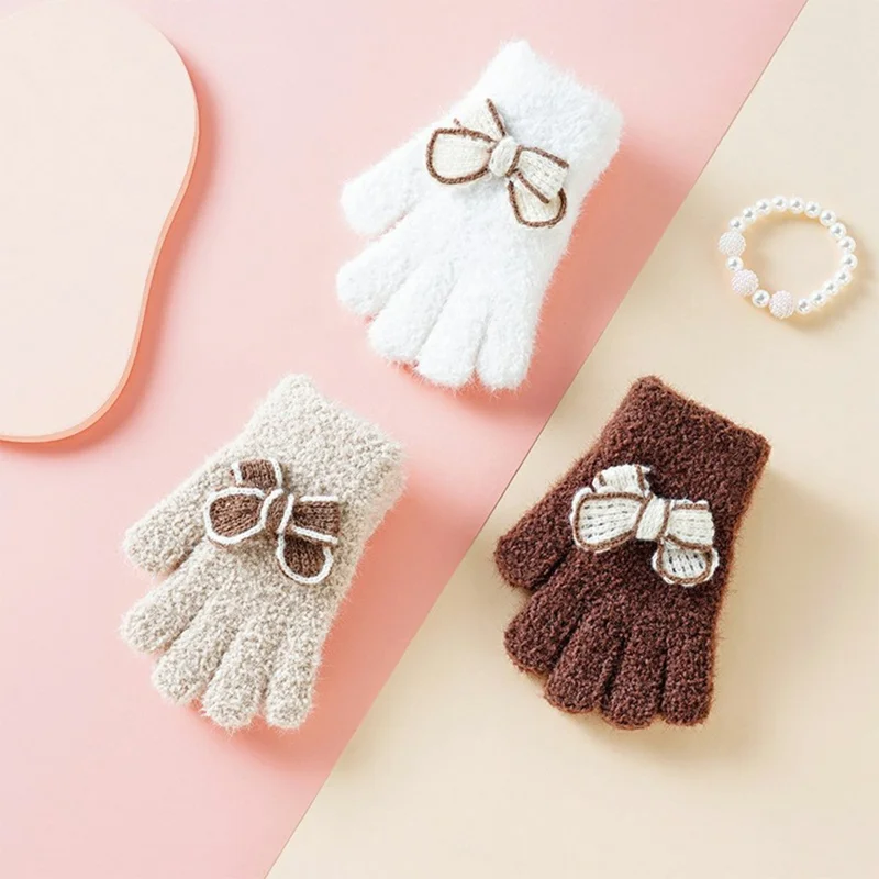 C5577 For Children Winter Gloves with Decorative Bowknot Windproof Thick Full Finger Mittens - Coffee