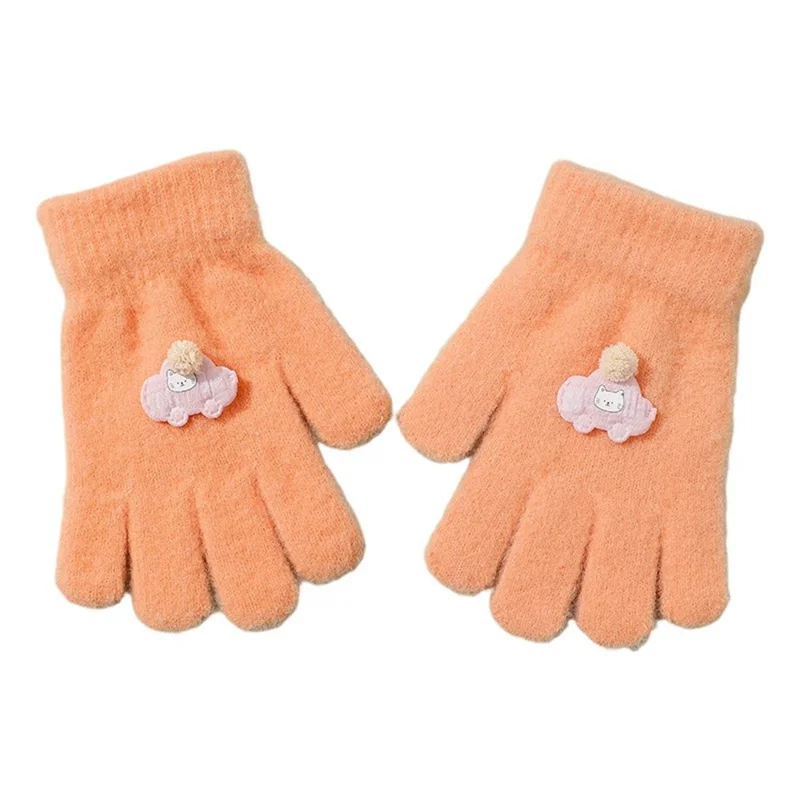 1 Pair Winter Gloves for Kids 6-10 Years Old Cartoon Design Warm Thick Full Finger Mittens - Orange