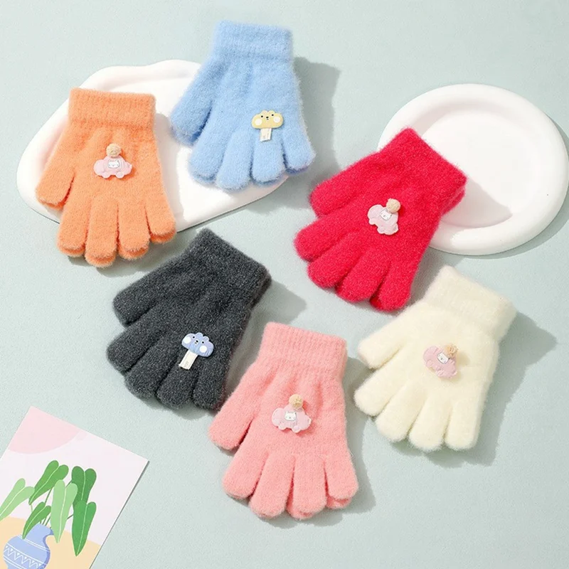 1 Pair Winter Gloves for Kids 6-10 Years Old Cartoon Design Warm Thick Full Finger Mittens - Orange