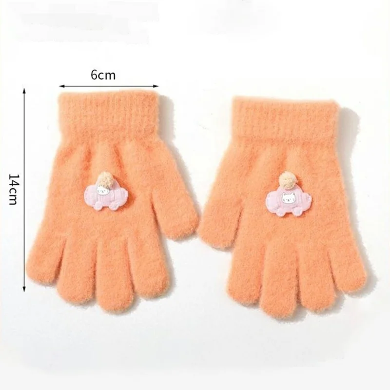 1 Pair Winter Gloves for Kids 6-10 Years Old Cartoon Design Warm Thick Full Finger Mittens - Orange