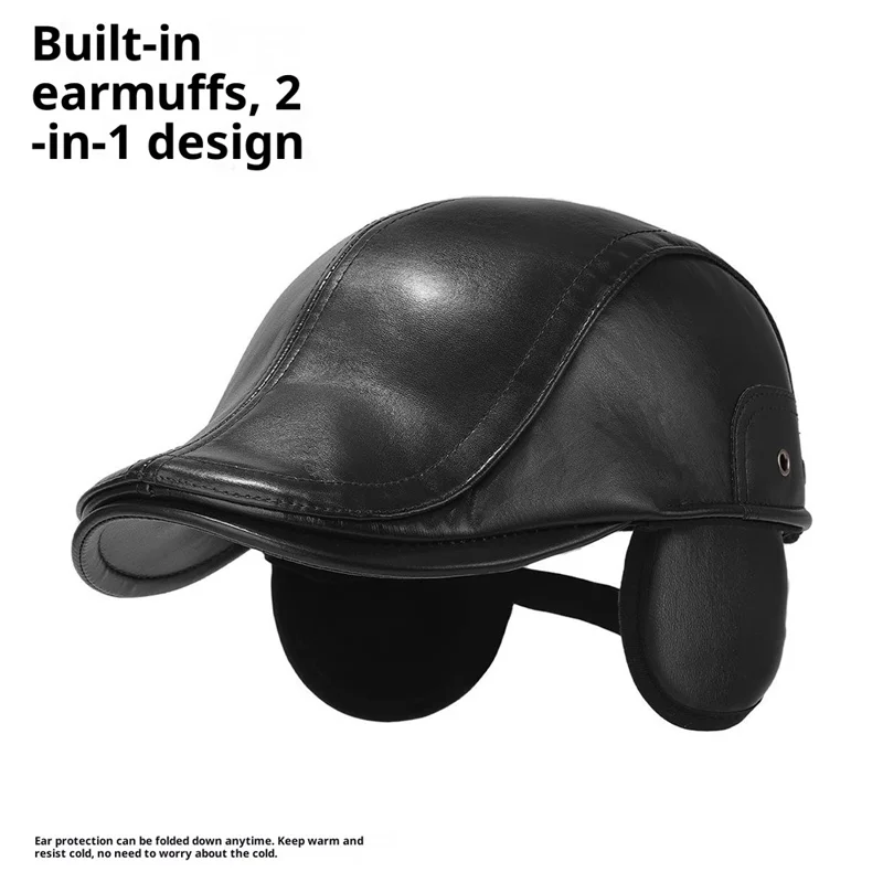 2025d140 Vintervarm Kunstnerbaret Hat med Bred Skygge og Skrå Klap i PU-læder - Sort