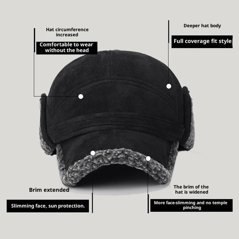 2025d133 Zimowy baseball z płaszczu zamszowego dla osób średniego i starszego wieku z termiczną podściółką z polaru i składanymi klapami na uszy - Szary