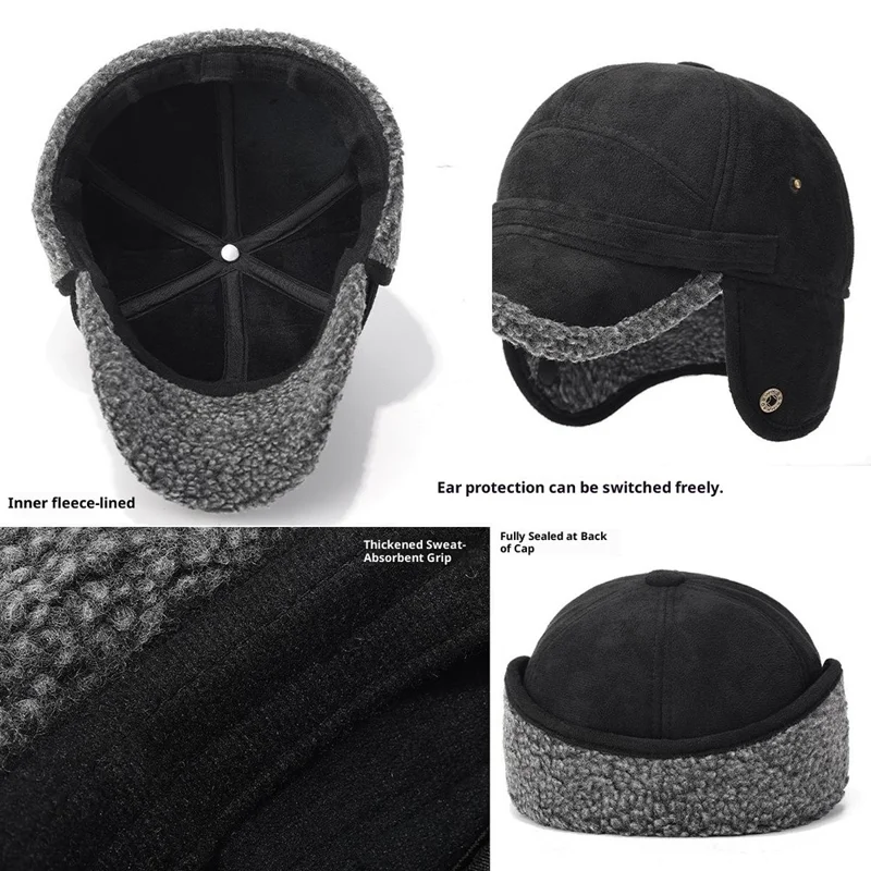 2025d133 Zimowy baseball z płaszczu zamszowego dla osób średniego i starszego wieku z termiczną podściółką z polaru i składanymi klapami na uszy - Szary
