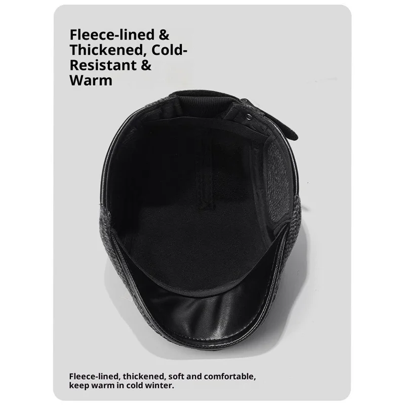 2025d123 Chapéu de Pico de Aba Larga de Lã com Orelhas Dobráveis Boina de Artista Chapéu Térmico de Motorista - Preto