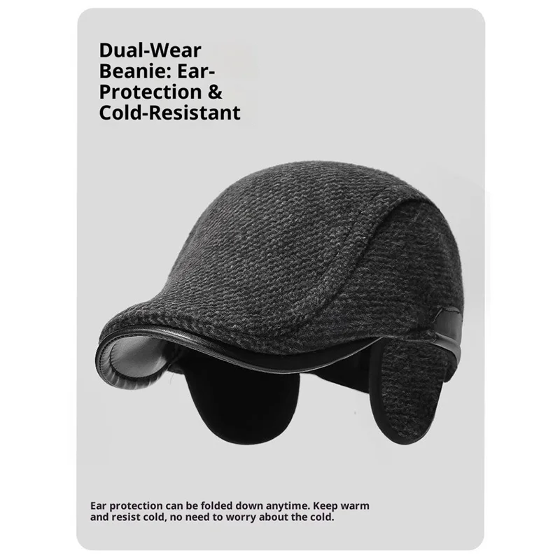 2025d123 Chapéu de Pico de Aba Larga de Lã com Orelhas Dobráveis Boina de Artista Chapéu Térmico de Motorista - Preto