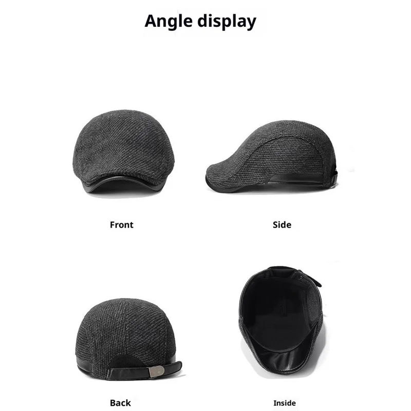 2025d123 Chapéu de Pico de Aba Larga de Lã com Orelhas Dobráveis Boina de Artista Chapéu Térmico de Motorista - Preto