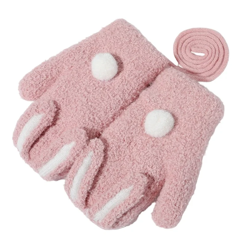 DRST26 Winter Gloves for Children 2-6 Years Old Thick Fleece Lined Cute Rabbit Ears and Tail Mittens with Neck Strap - Deep Pink