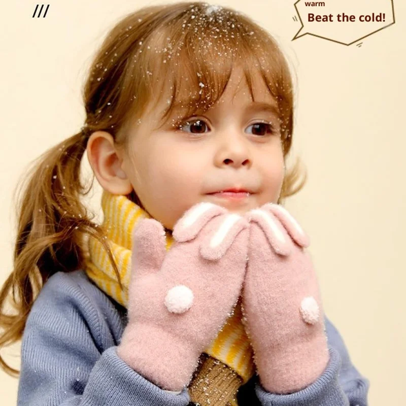 DRST26 Winter Gloves for Children 2-6 Years Old Thick Fleece Lined Cute Rabbit Ears and Tail Mittens with Neck Strap - Deep Pink