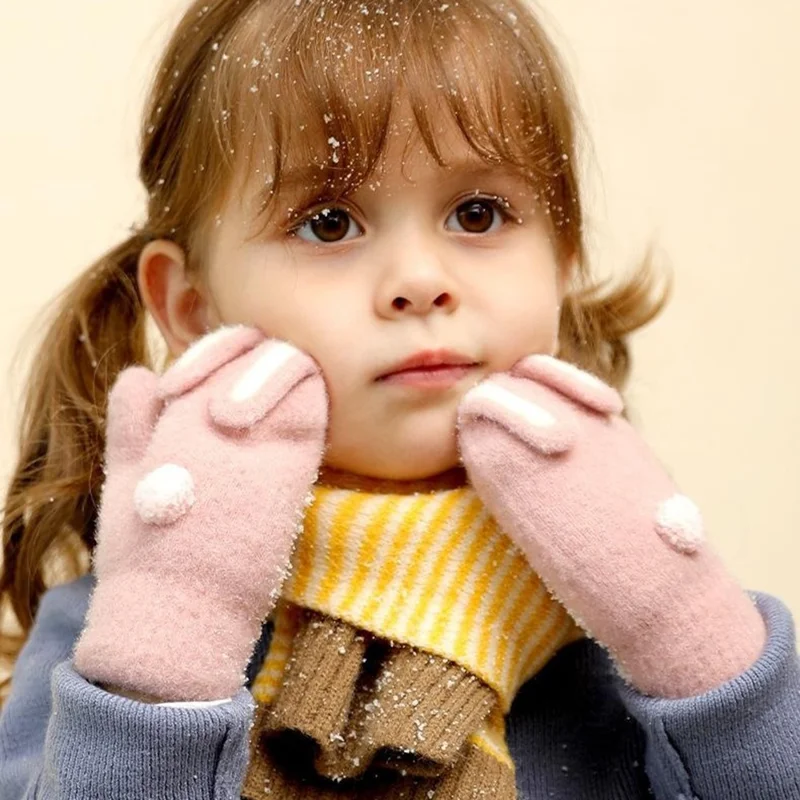 DRST26 Winter Gloves for Children 2-6 Years Old Thick Fleece Lined Cute Rabbit Ears and Tail Mittens with Neck Strap - Deep Pink