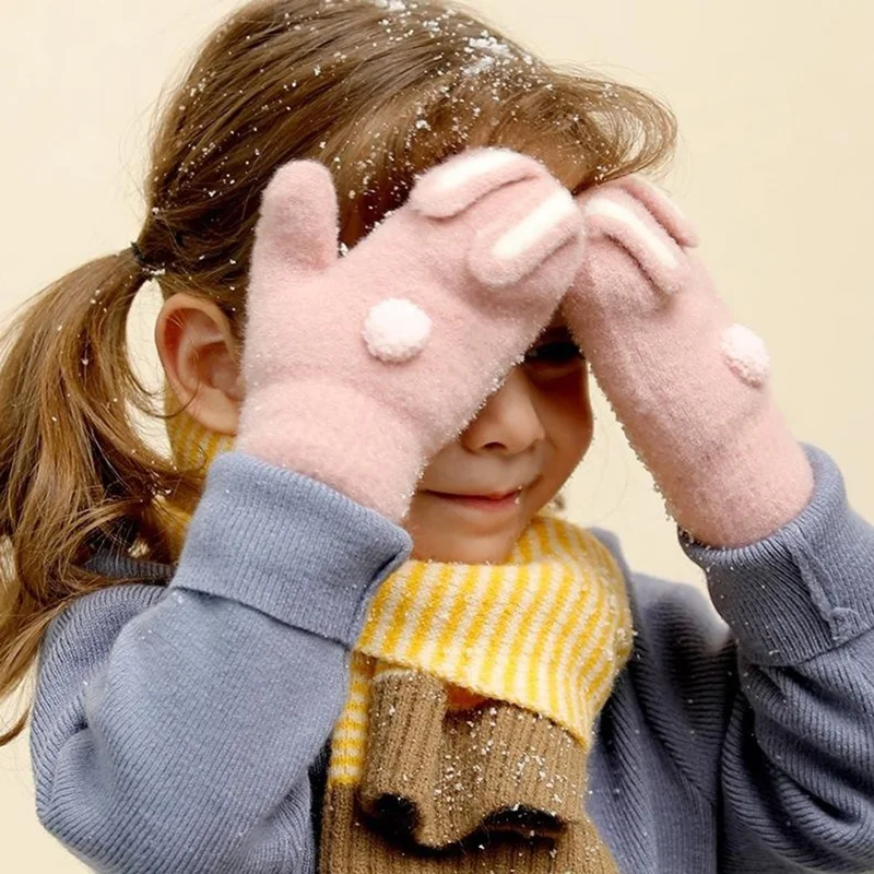 DRST26 Winter Gloves for Children 2-6 Years Old Thick Fleece Lined Cute Rabbit Ears and Tail Mittens with Neck Strap - Deep Pink