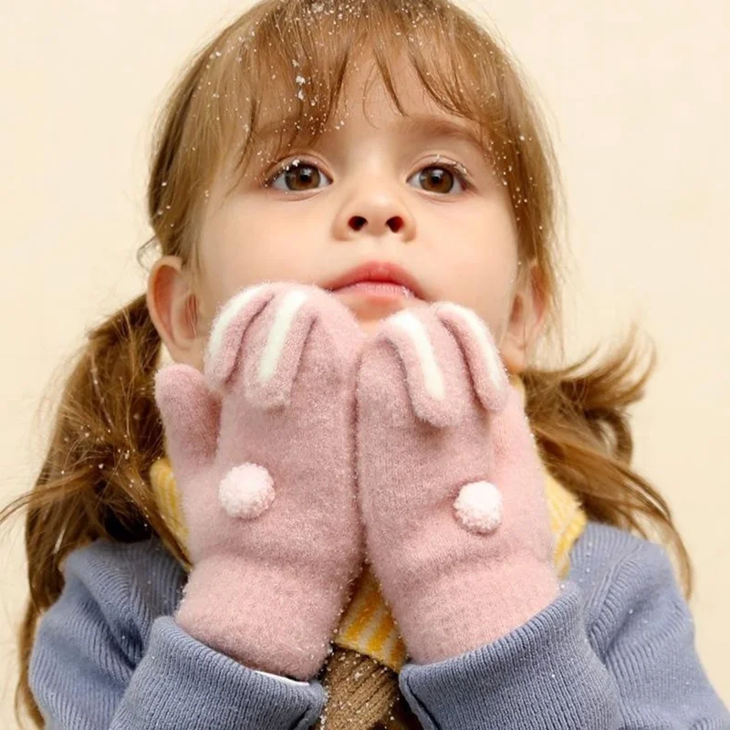 DRST26 Winter Gloves for Children 2-6 Years Old Thick Fleece Lined Cute Rabbit Ears and Tail Mittens with Neck Strap - Deep Pink