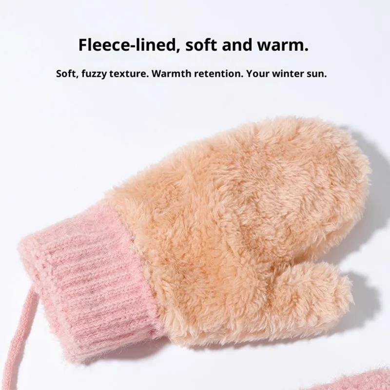 DRST26 Winter Gloves for Children 2-6 Years Old Thick Fleece Lined Cute Rabbit Ears and Tail Mittens with Neck Strap - Deep Pink