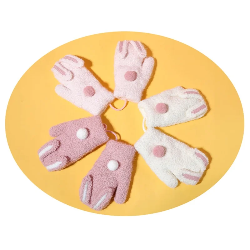 DRST26 Winter Gloves for Children 2-6 Years Old Thick Fleece Lined Cute Rabbit Ears and Tail Mittens with Neck Strap - Deep Pink