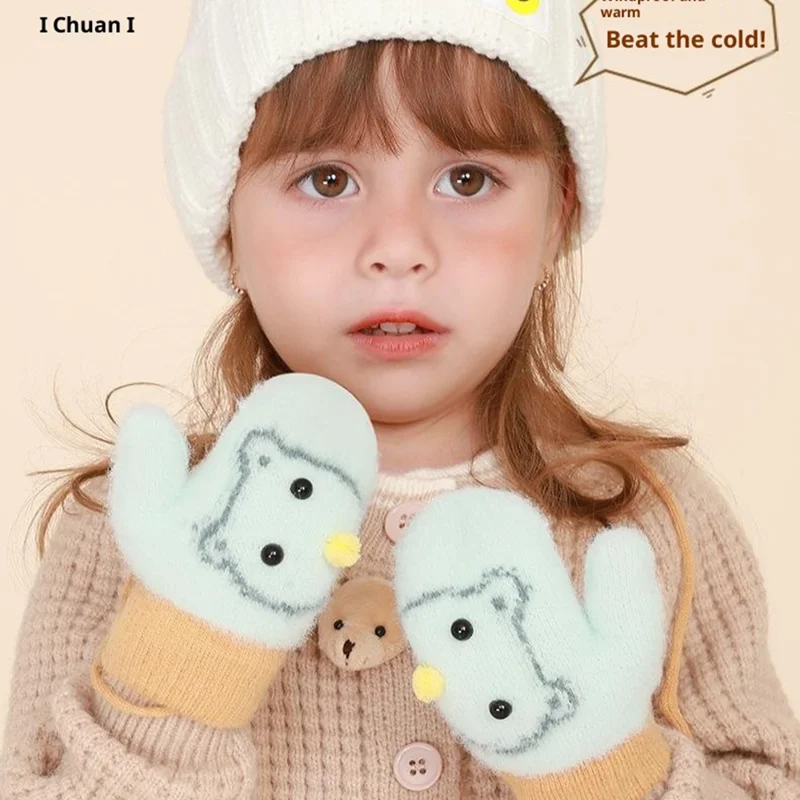 DRST30 Winter Warm Fleece Lined Mittens for Children 2-5 Years Old Cartoon Animal Pattern Neck Hanging Gloves - Yellow
