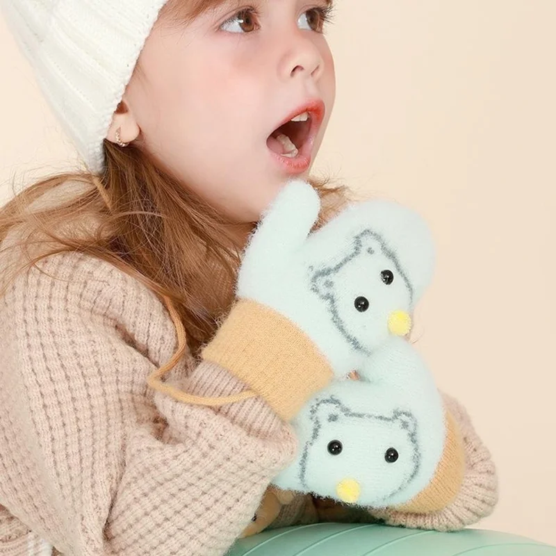 DRST30 Winter Warm Fleece Lined Mittens for Children 2-5 Years Old Cartoon Animal Pattern Neck Hanging Gloves - Yellow
