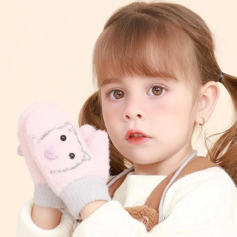 DRST30 Winter Warm Fleece Lined Mittens for Children 2-5 Years Old Cartoon Animal Pattern Neck Hanging Gloves - Yellow