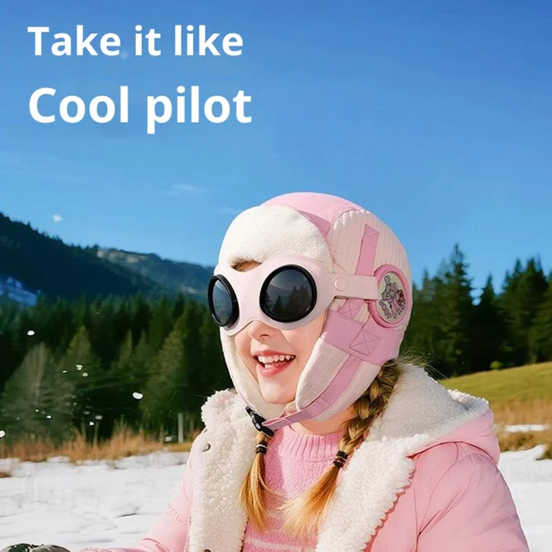 DRMZ33 Pilot Style Kids Winter Hat Windproof Warm Trapper Cap with Removable Goggles - Orange