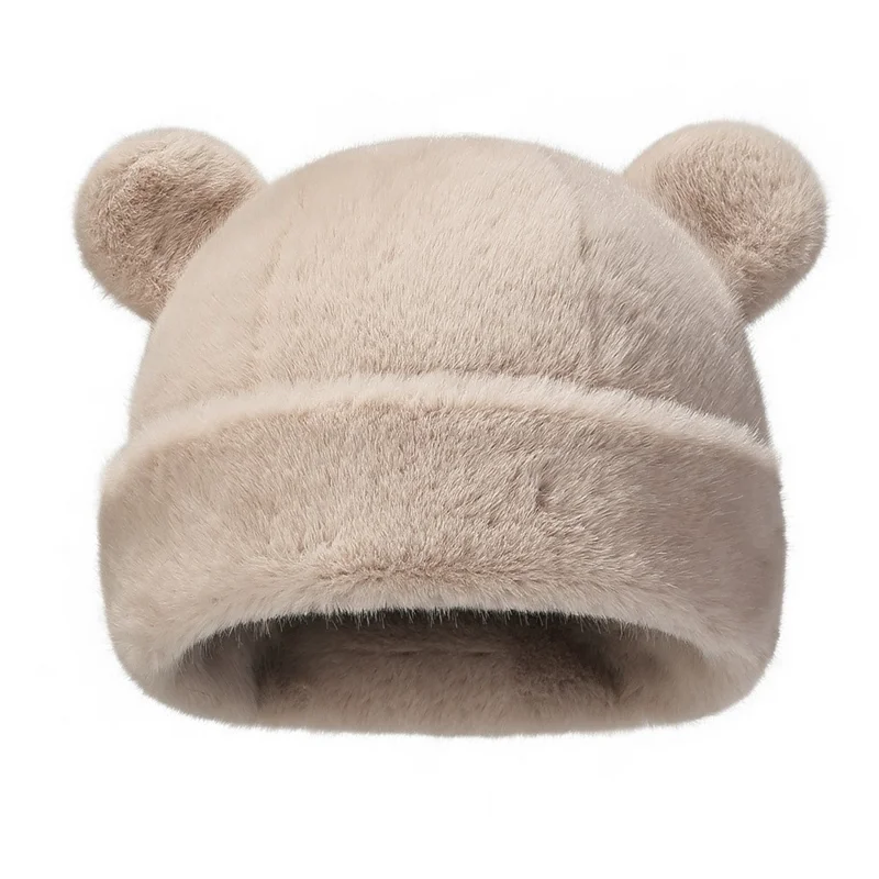 Winter Warm Faux Mink Fur Mongolian Hut 3D Bär Ohren Einfarbig Windundurchlässig Mütze für Frauen - Khaki