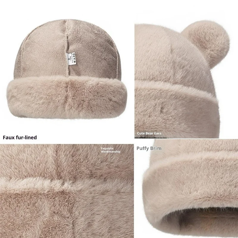 Winter Warm Faux Mink Fur Mongolian Hut 3D Bär Ohren Einfarbig Windundurchlässig Mütze für Frauen - Khaki
